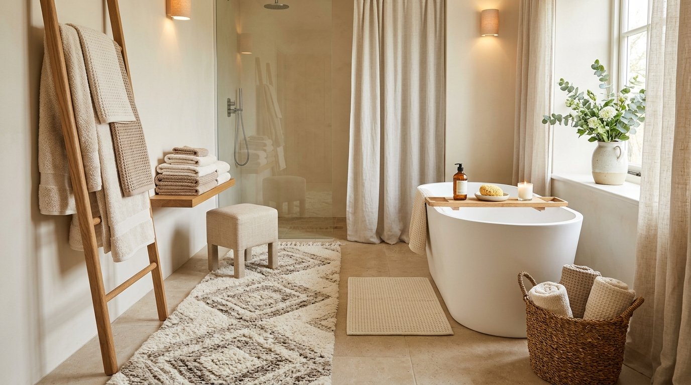 Spacious bathroom styled with soft textures, a plush geometric runner, waffle towels, and a wooden blanket ladder