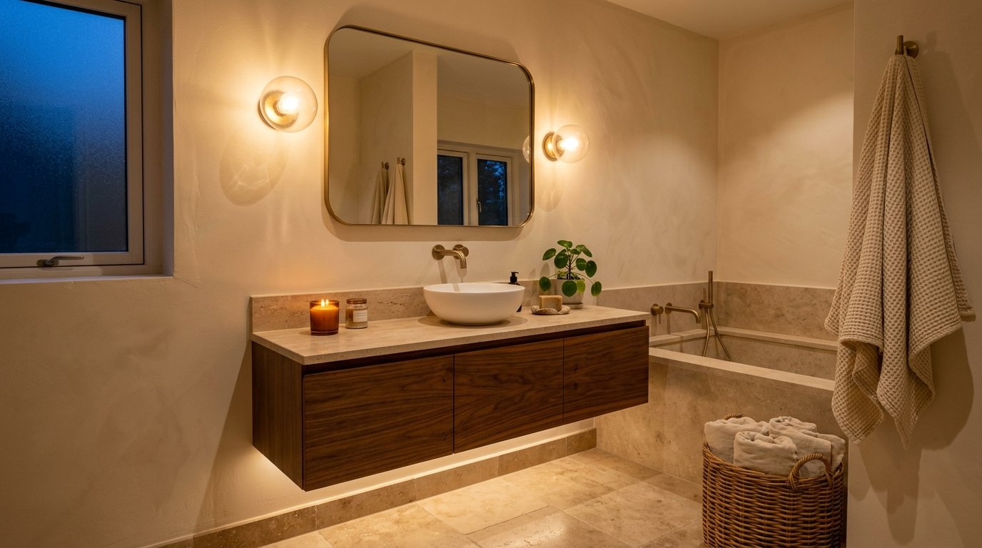 Evening bathroom atmosphere illuminated by glowing frosted globe wall sconces, warm vanity underlighting, and a lit candle