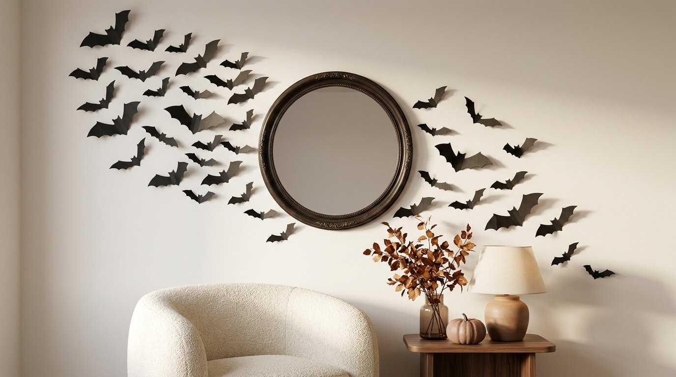 Living room accent wall featuring a swarm of dimensional black cardstock bats flying diagonally across a round wooden mirror