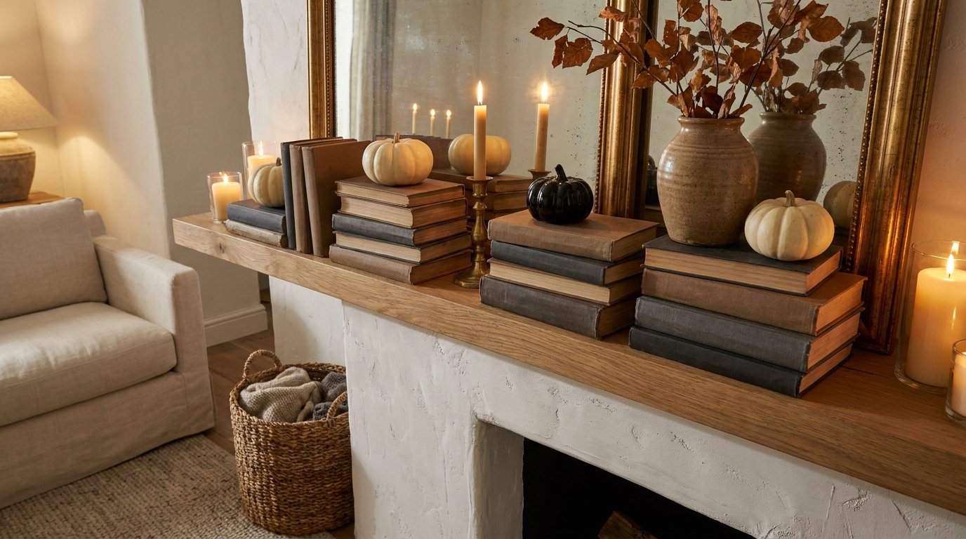 Mantel styled with stacks of vintage cloth-bound books topped with mini cream and black pumpkins, brass candles, and dried leaves