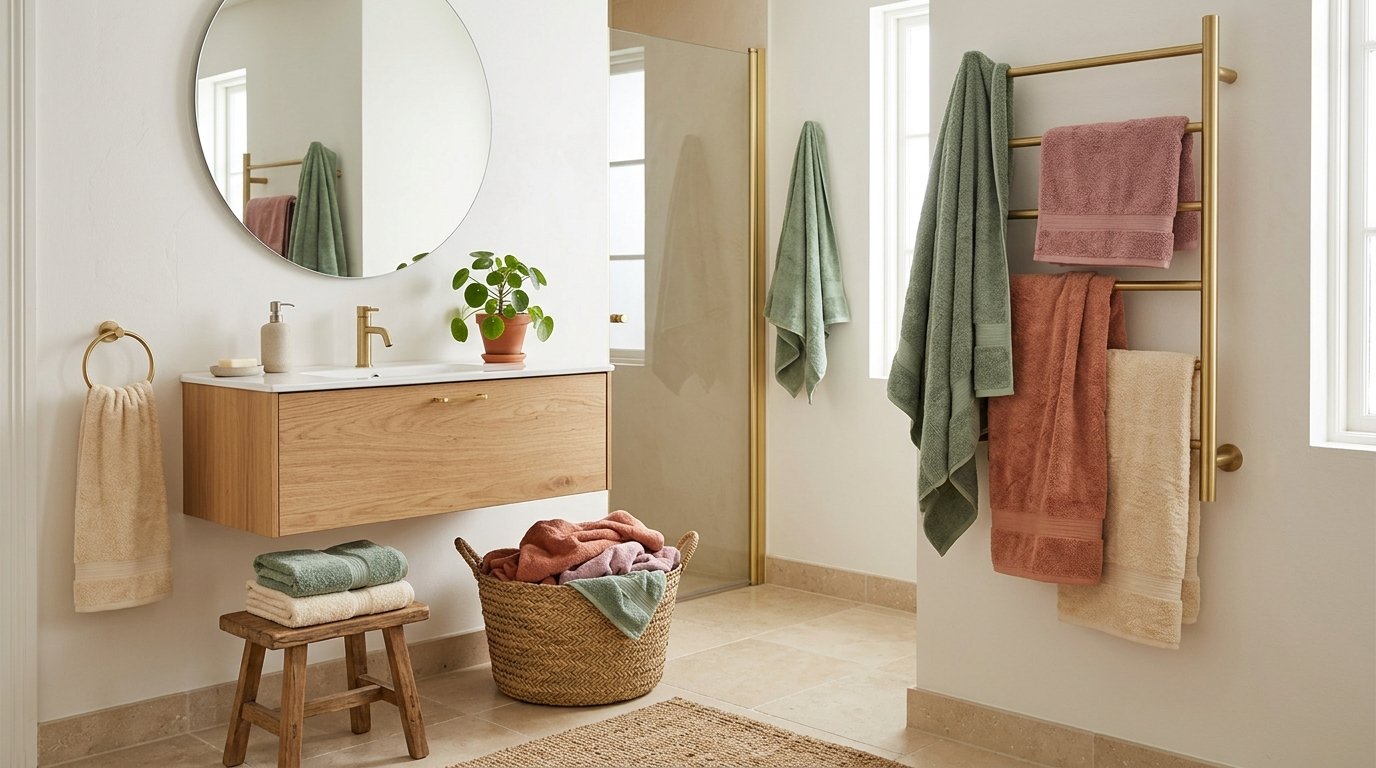 Brass heated towel rack displaying folded bath towels in soft terracotta, dusty rose, and muted sage green