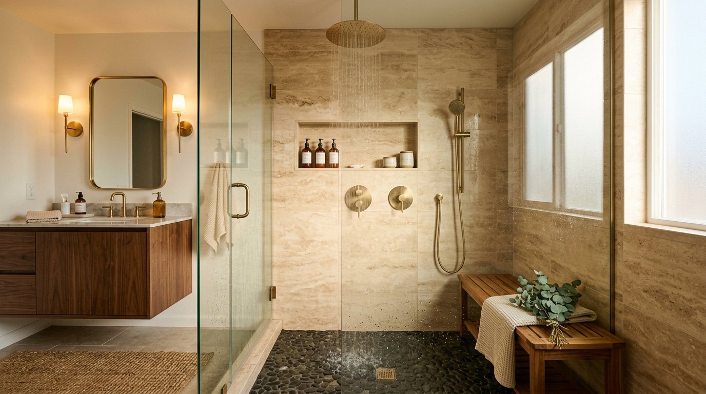 Cozy bathroom highlighting natural textural contrast between a pebble shower floor, travertine walls, teak bench, and brass fixtures