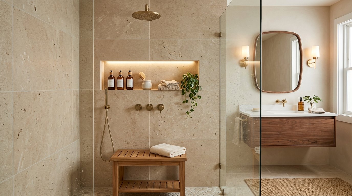 Walk-in home spa shower with brass rainfall head, pebble mosaic floor, teak shower bench, and illuminated niche
