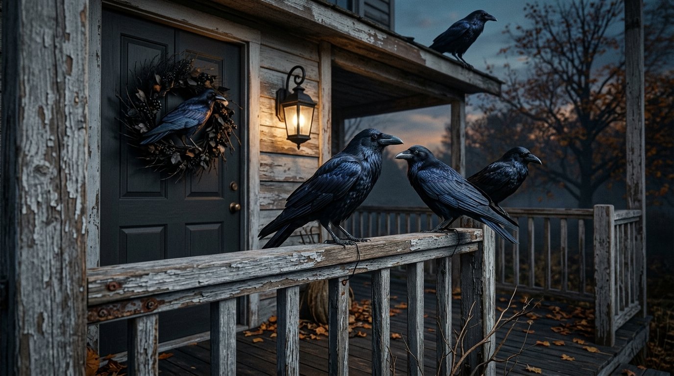 Realistic black faux crows perched along a weathered porch railing beneath an atmospheric lantern glow