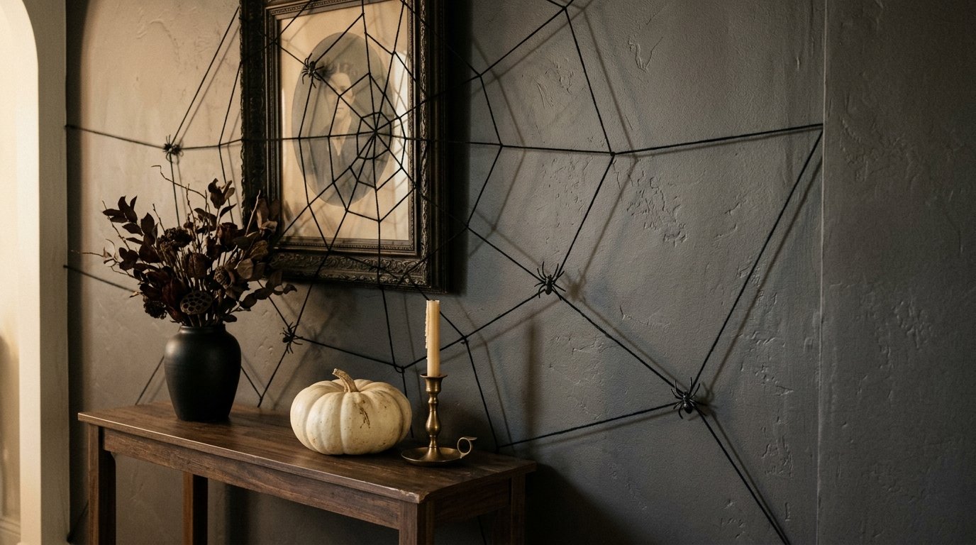 Dark wall with a geometric spiderweb crafted from black yarn framing a framed portrait and styled console table