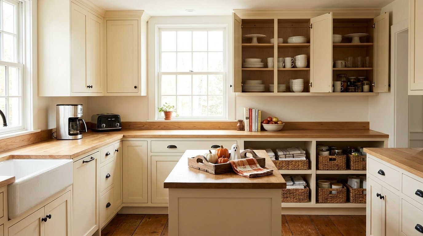 Pristine, decluttered kitchen counters with open upper cabinets showcasing neatly arranged plates and minimalist island styling