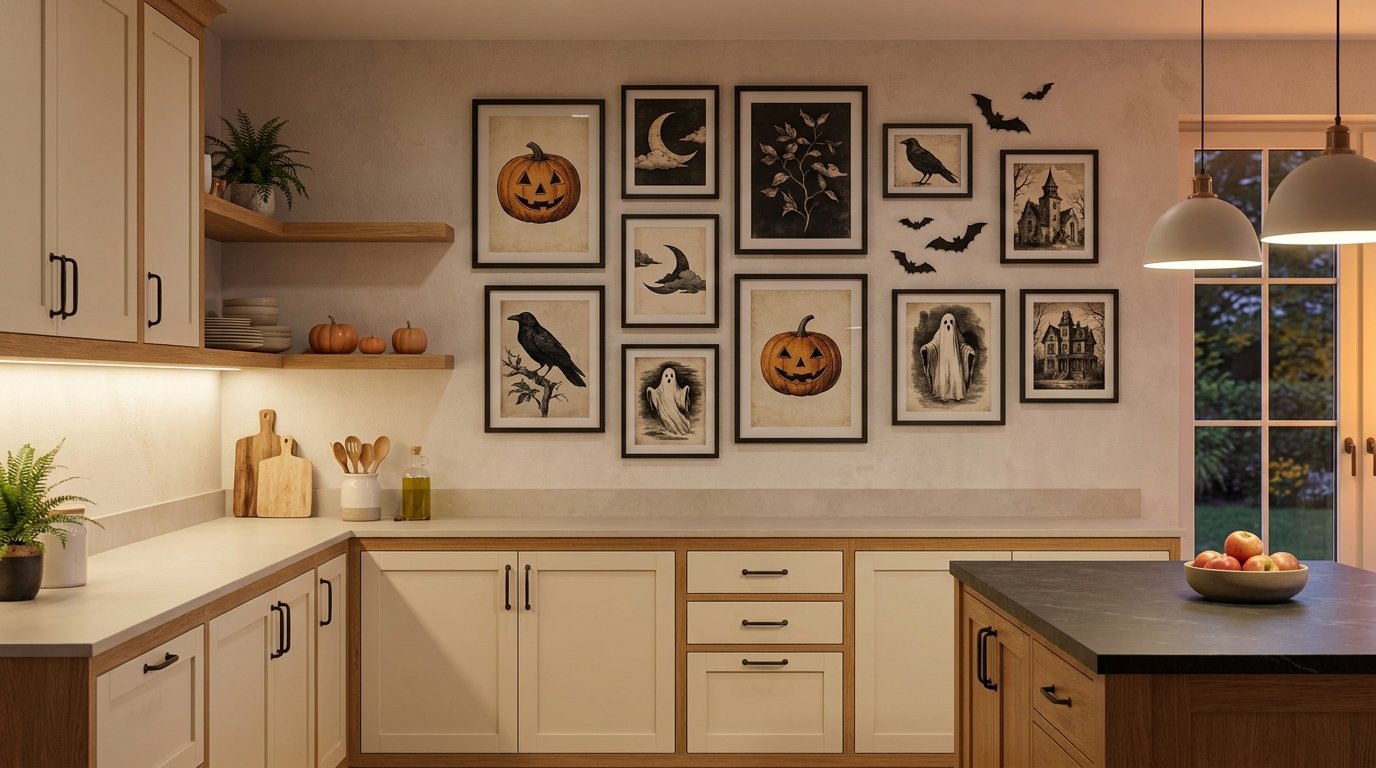 Kitchen wall decorated with a cohesive grid of black-framed vintage Halloween art prints and flying bat cutouts