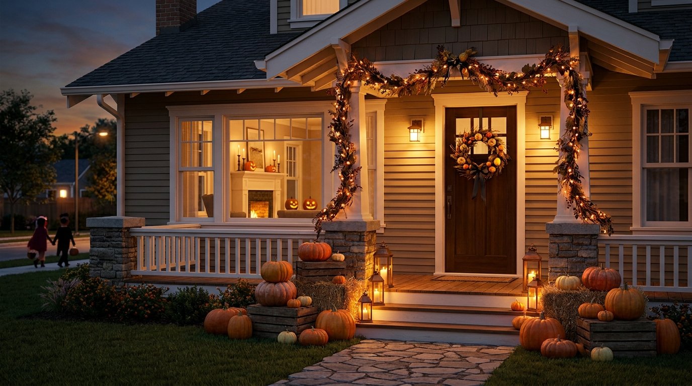 Two-story suburban home seen from the sidewalk at twilight with warm window candles, lighted door garland, and glowing pathway jack-o'-lanterns