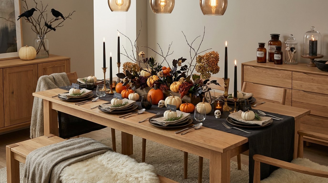 Dining table set for a Halloween dinner party with a black runner, centerpiece of autumn florals and pumpkins, tall black tapers, and crows