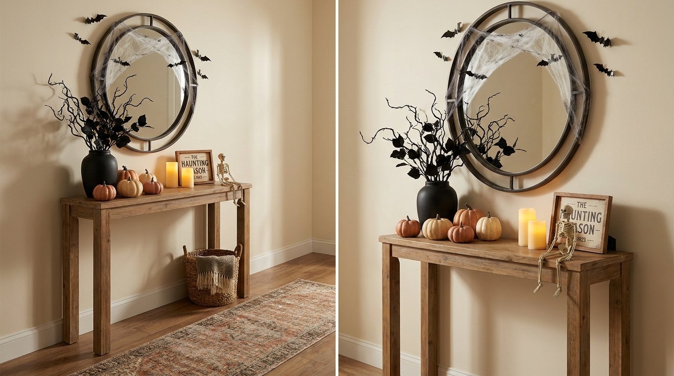 Entryway wood console table featuring an arched mirror draped in light spiderwebs and paper bats, alongside mini pumpkins and a skeleton prop