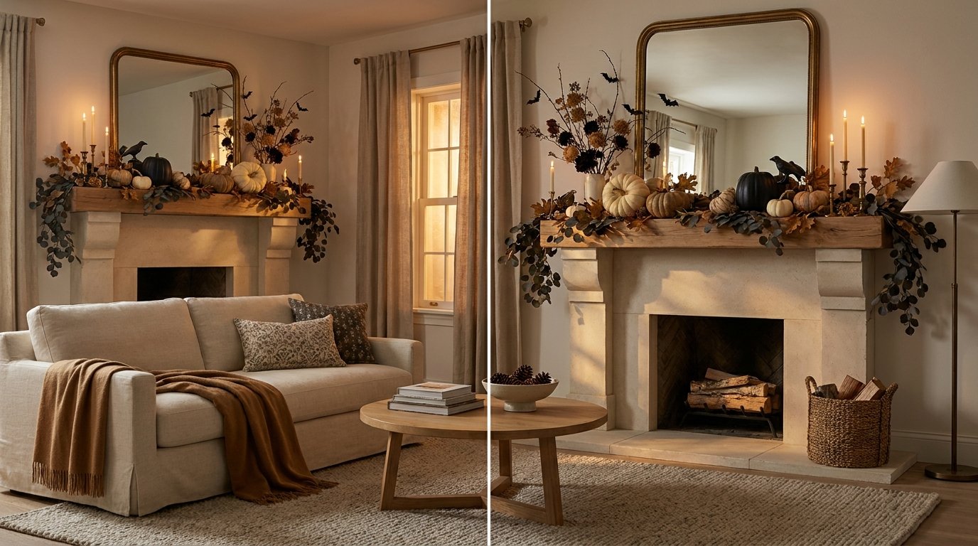 Warm, atmospheric evening living room featuring an ornate mirror and a garland-draped Halloween fireplace mantel