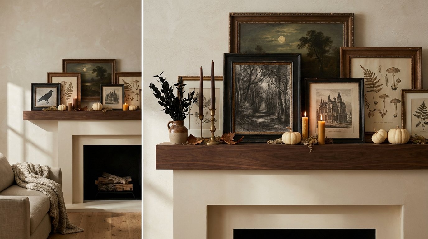 Walnut wood mantel styled with layered vintage frames featuring haunted house, raven, and gothic woodland art prints