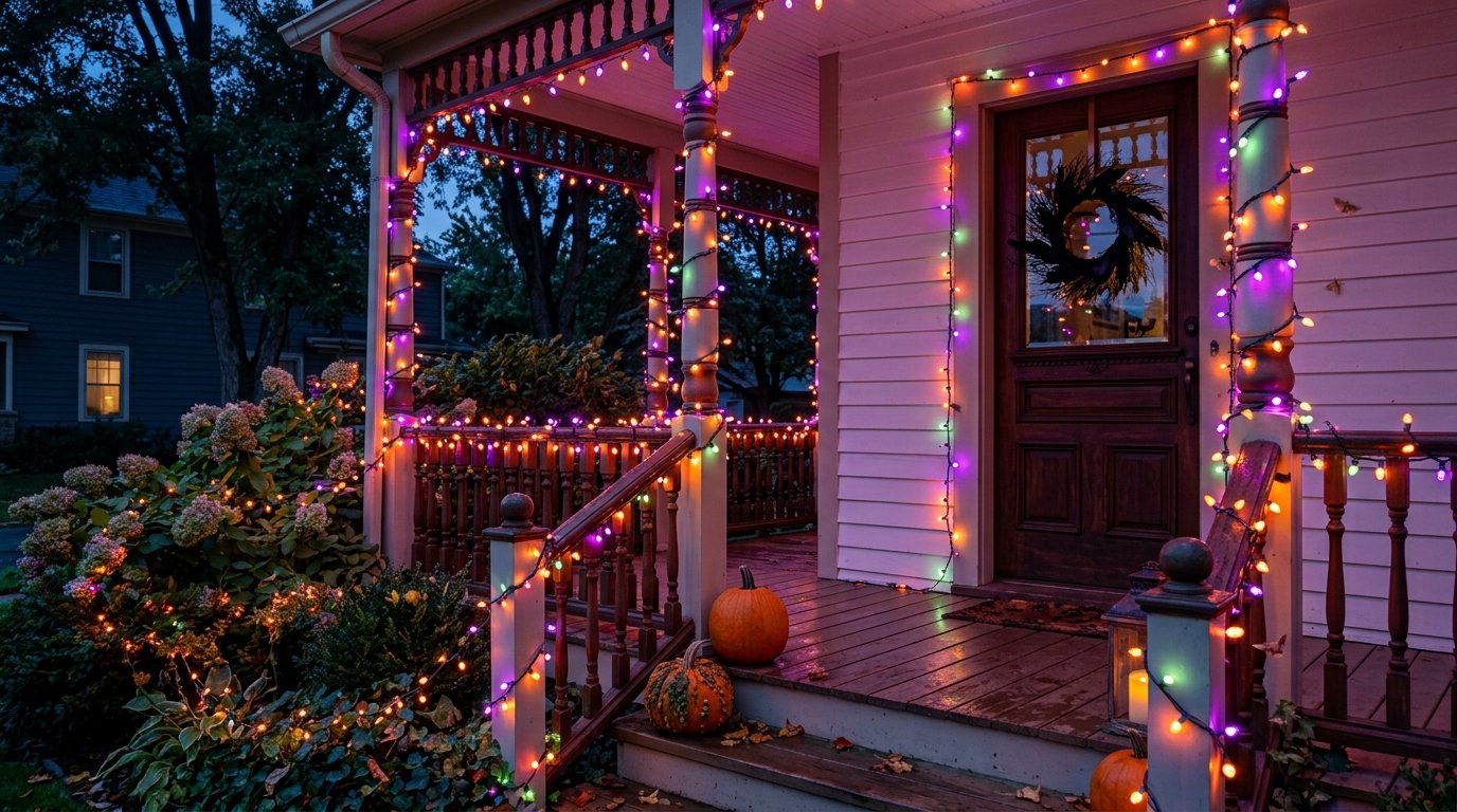 Front porch railings and columns completely wrapped in glowing strands of vibrant purple and orange Halloween fairy lights