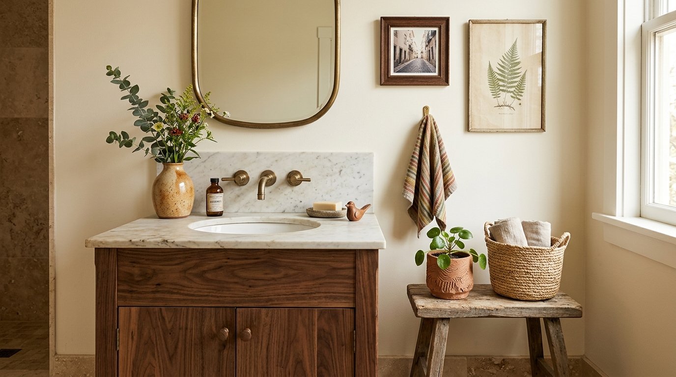 Personalized bathroom vanity decorated with a wooden stool, framed vacation photograph, fern art, and a carved ceramic bird figurine