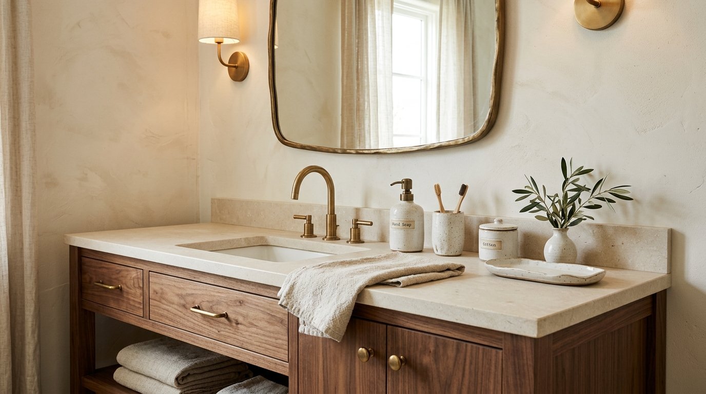 Warm wood bathroom vanity counter featuring a speckled handmade ceramic soap dispenser and matching cotton swab jar
