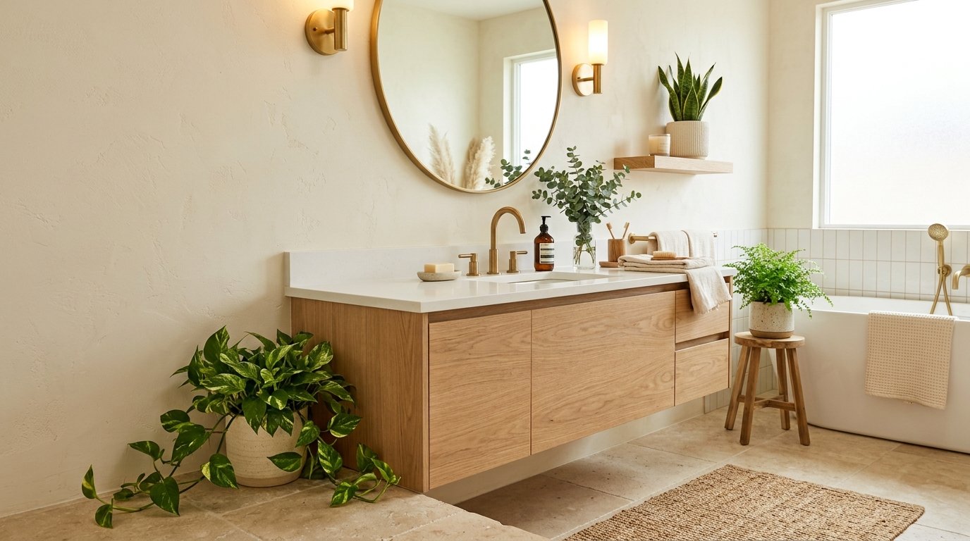 Modern bathroom vanity decorated with potted pothos and lush indoor plants adding vibrant natural greenery