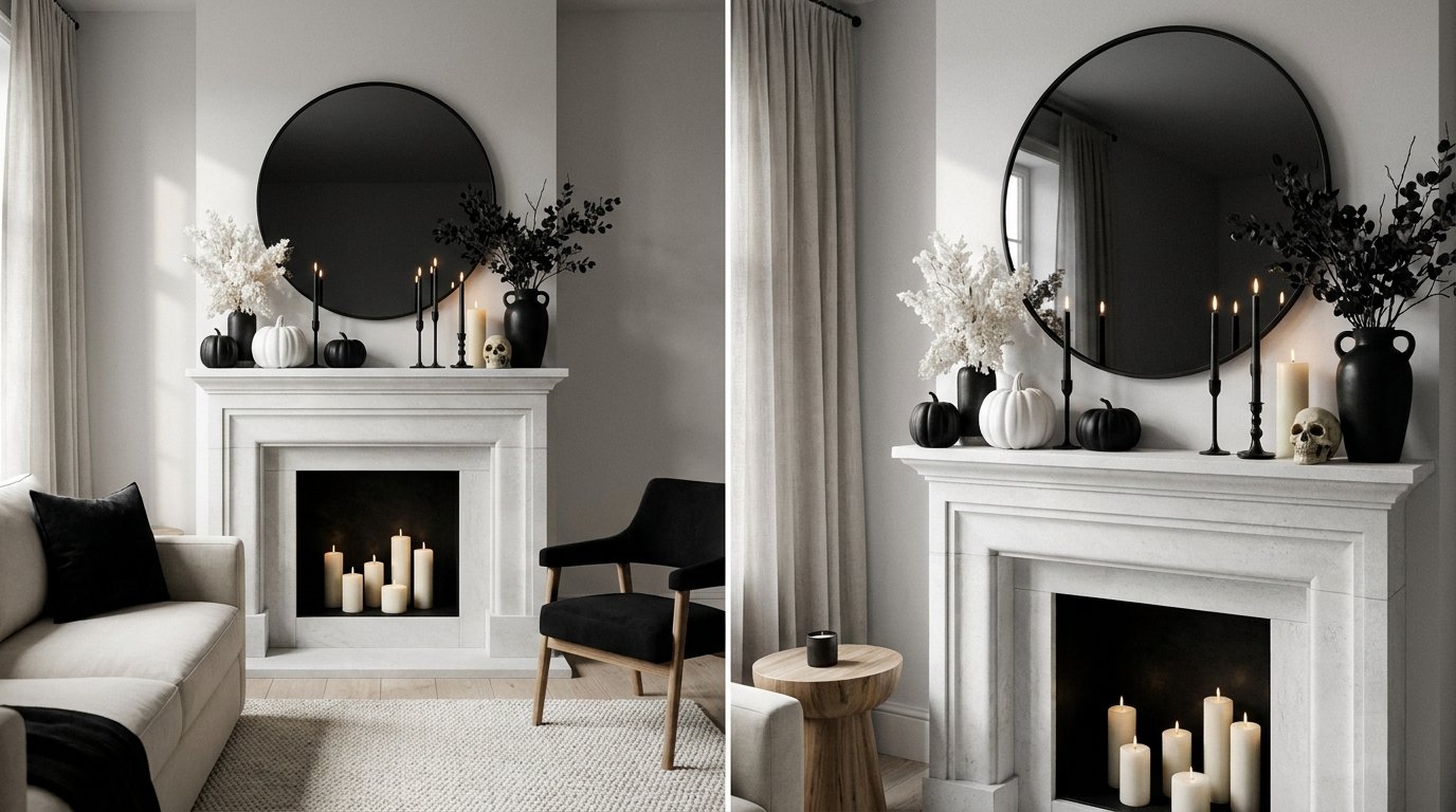 Contemporary black-and-white Halloween mantel featuring a large round black mirror, white pumpkins, black tapers, and dried florals