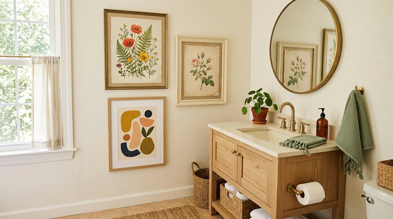 Bathroom wall beside a vanity styled with colorful framed botanical prints and a playful modern abstract illustration