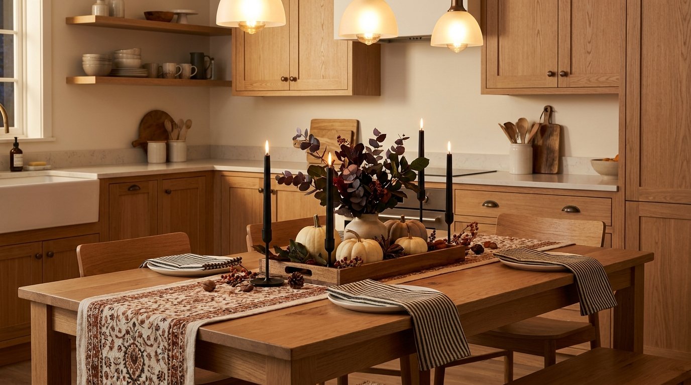 Kitchen dining table set with an autumnal patterned table runner, centerpiece bowl of heirloom pumpkins, and tall black tapers