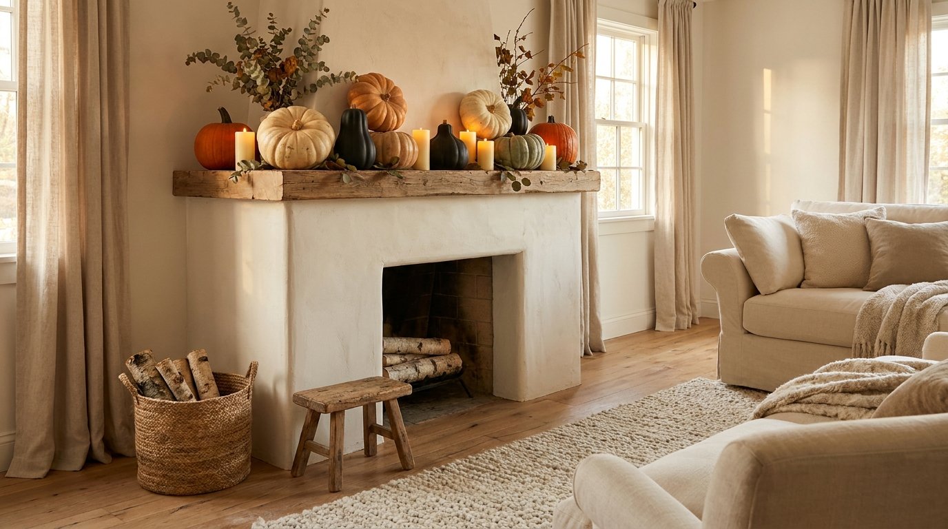 Rustic plaster fireplace mantel layered with heirloom pumpkins in cream, orange, and dark green alongside glowing pillar candles