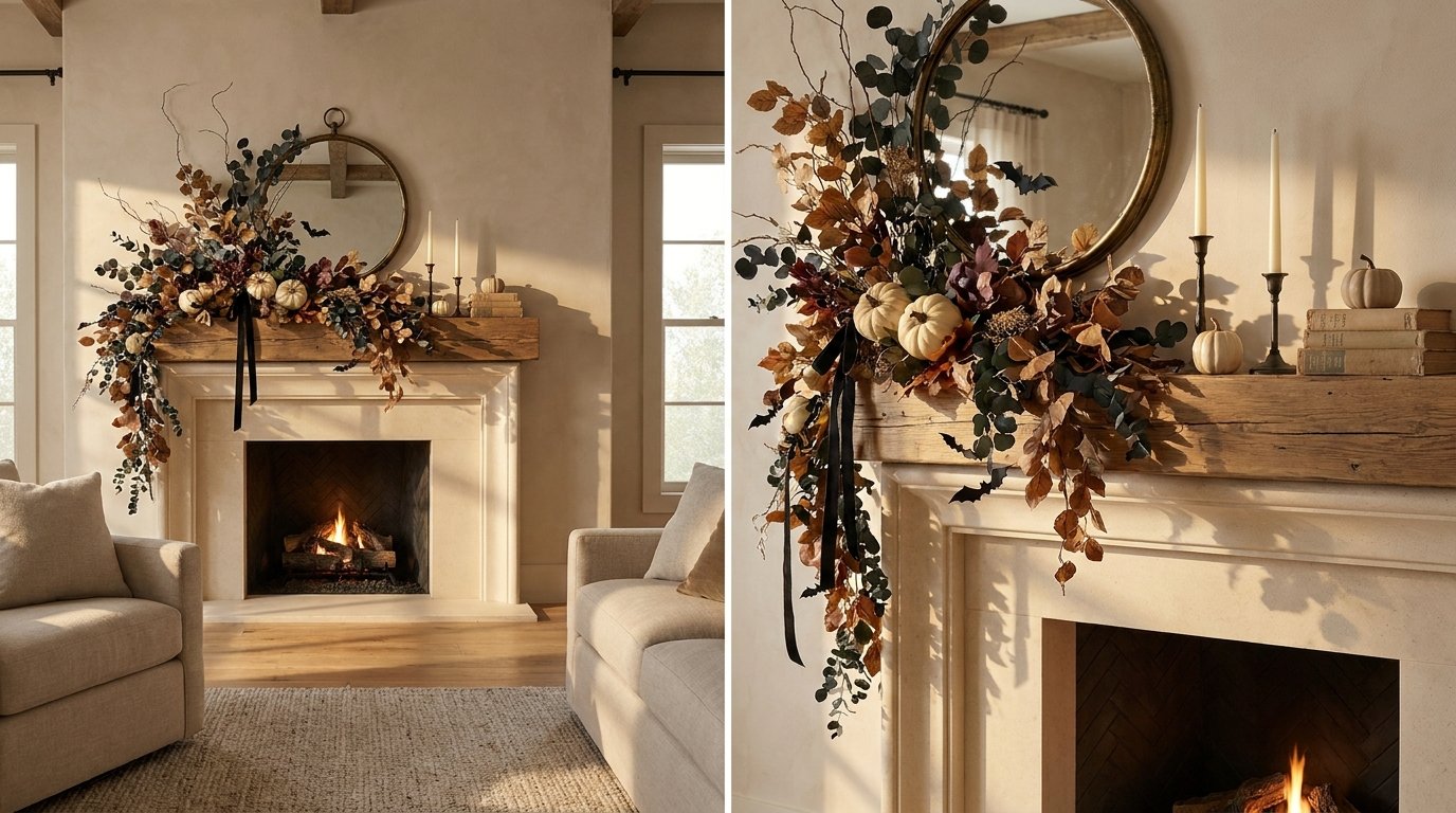 Fireplace mantel featuring an asymmetrical cascading garland of autumn leaves, dark foliage, mini pumpkins, and black velvet ribbon