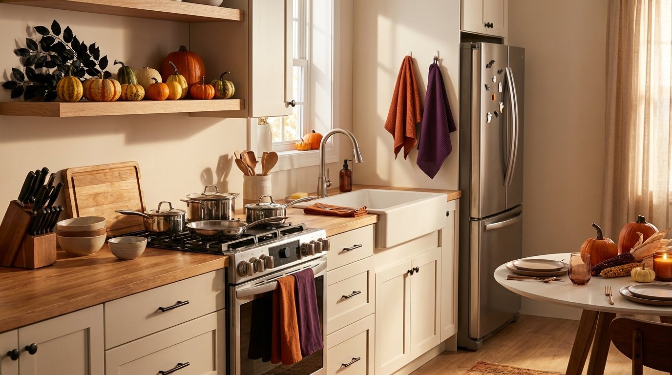 Functional kitchen workflow with clean, unobstructed prep counters around the stove and sink, accented only with hanging towels and high shelf decor