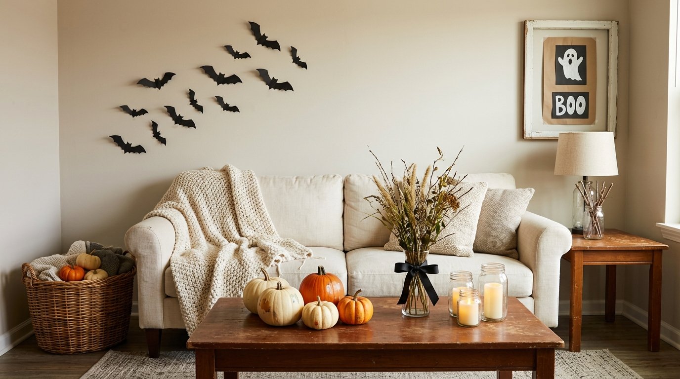 Budget-friendly Halloween living room decorated with DIY black paper bats flying up the wall and grocery store pumpkins