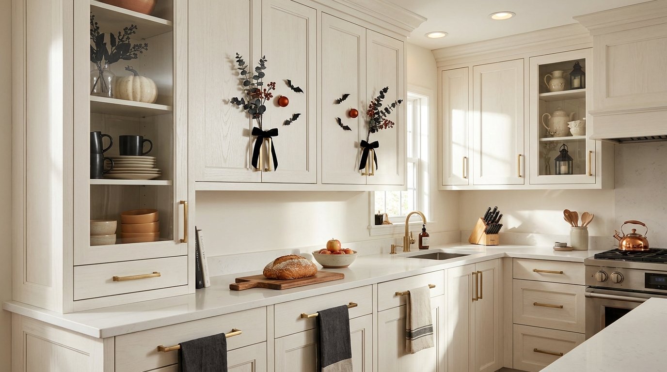 White shaker kitchen upper cabinets adorned with black velvet ribbon bows, dried eucalyptus sprigs, and small bats