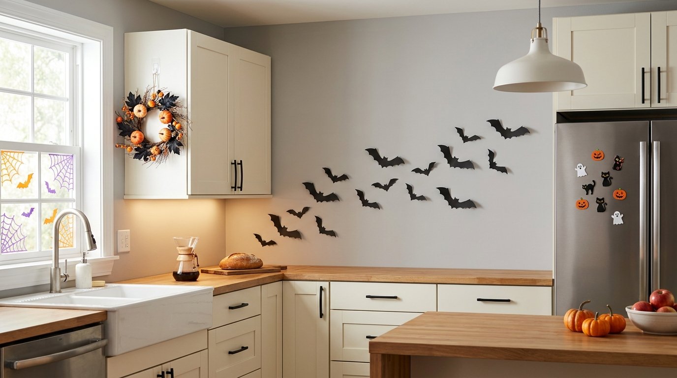 Kitchen featuring removable wall decals of bats flying upward along with window spiderweb clings and fridge magnets