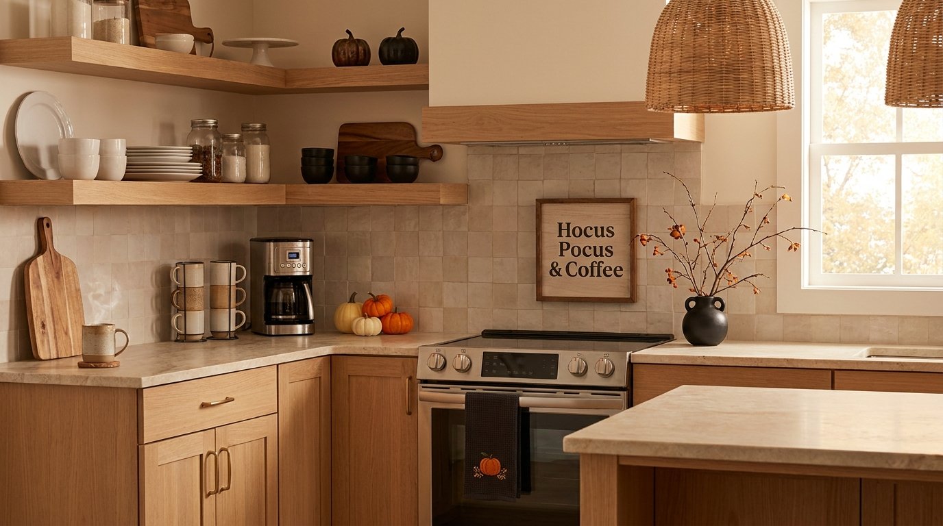 Warm wooden kitchen counter featuring a framed seasonal coffee sign, stacked mugs, small pumpkins, and black ceramic pumpkins on open shelves