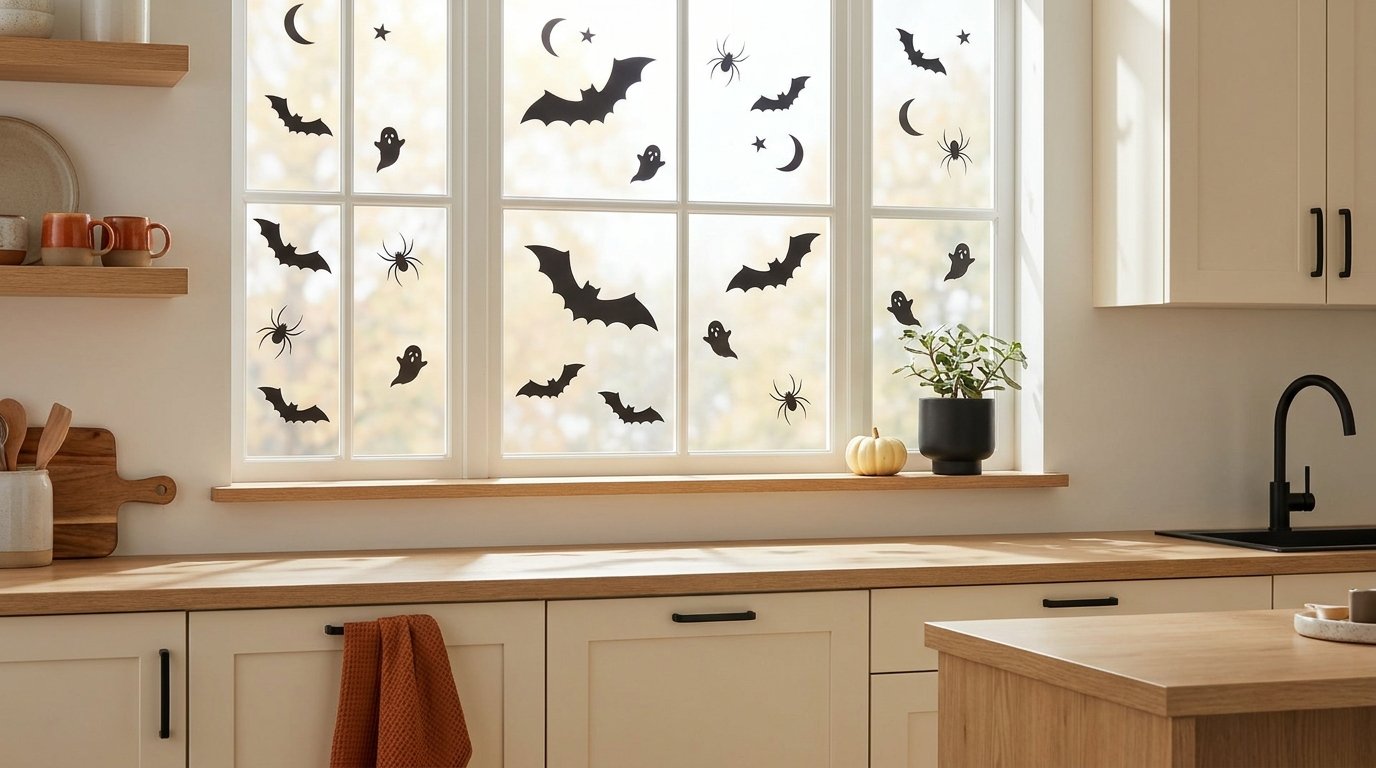 Kitchen window glass adorned with black cardstock silhouettes of flying bats, ghosts, spiders, and a crescent moon