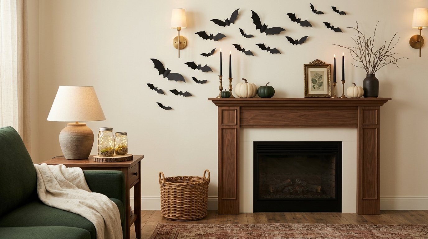 Refined living room fireplace mantel styled with swarming wall bats, brass candlesticks with black tapers, and muted pumpkins