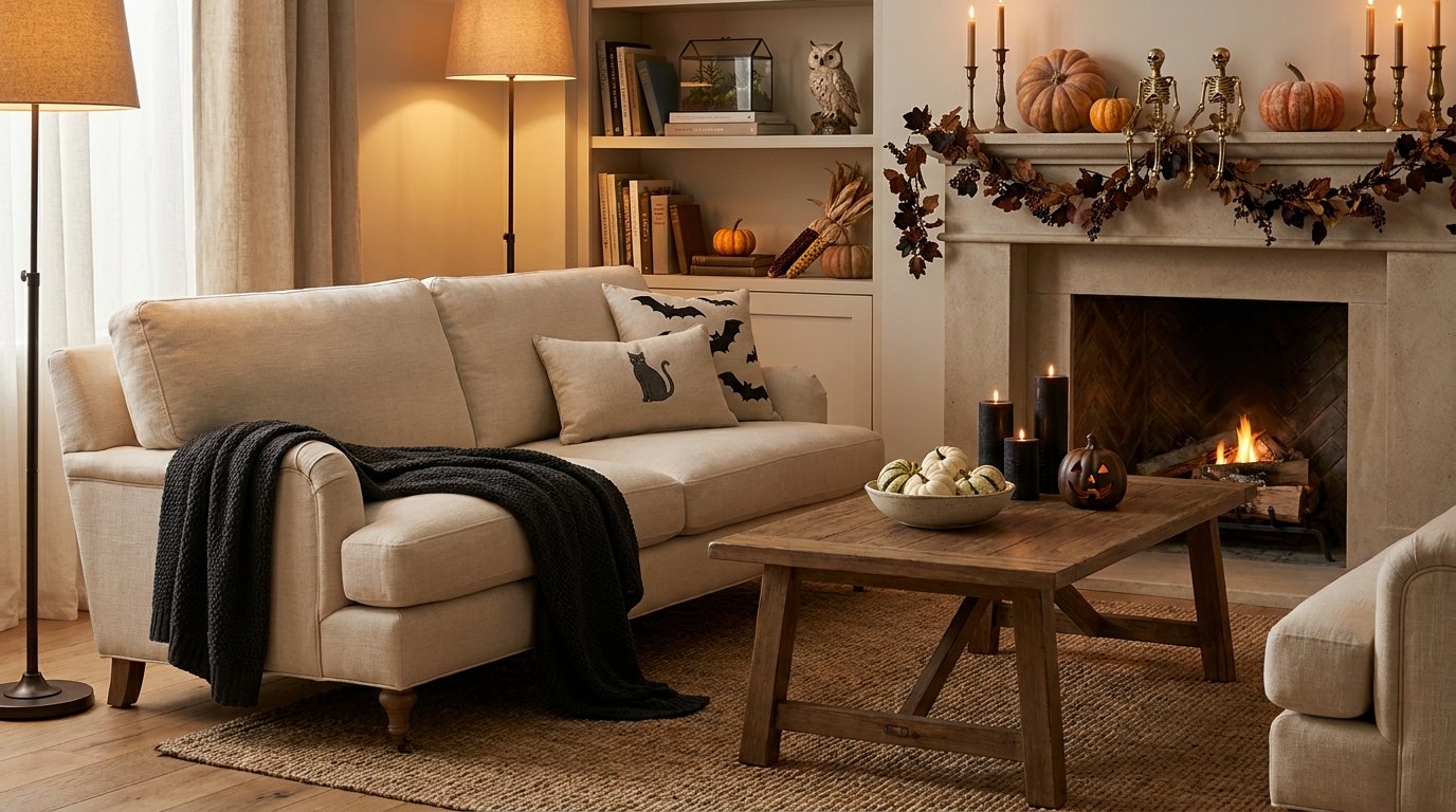 Living room fireplace mantel decorated with autumn garland and small skeletons sitting on the edge above a glowing fire and pumpkin bowl