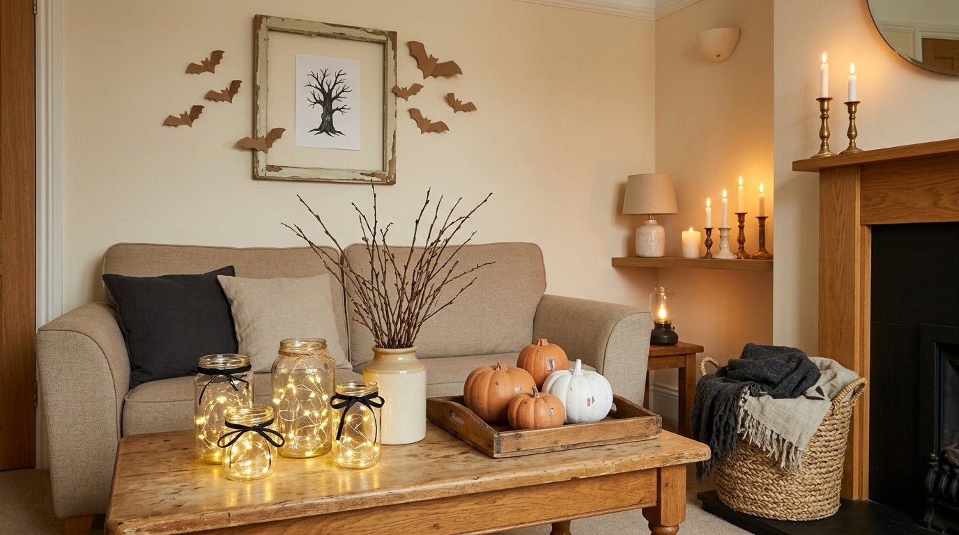 Living room table styled with repurposed glass jars, string lights, painted mini pumpkins, and gathered tree branches