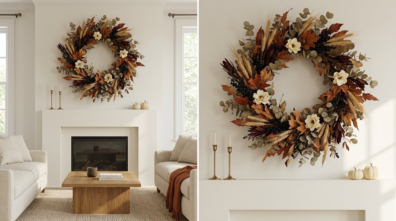 Minimalist living room anchored by a dramatic oversized dried floral and wheat wreath hanging above a modern fireplace