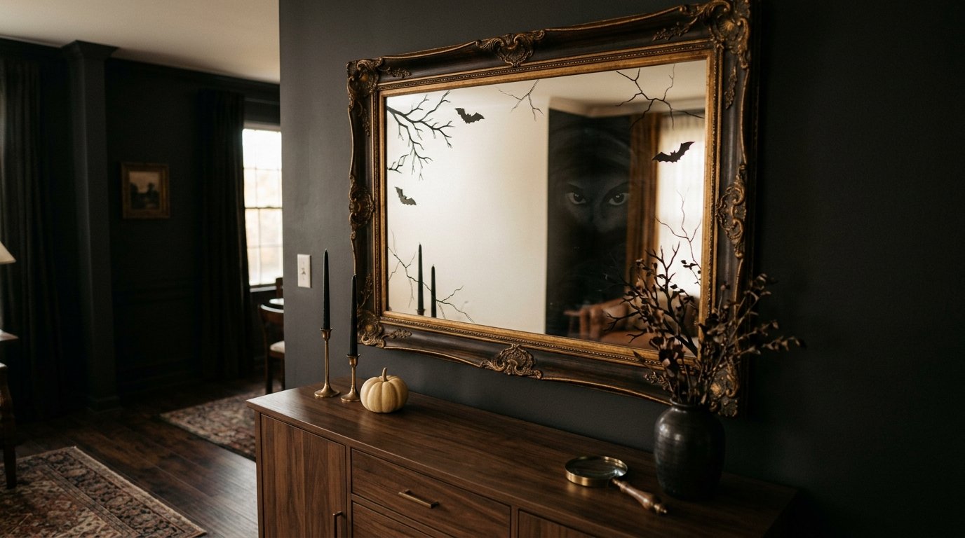 Ornate gold framed mirror decorated with removable hand-drawn cracks, silhouette bats, bare branches, and haunting eyes