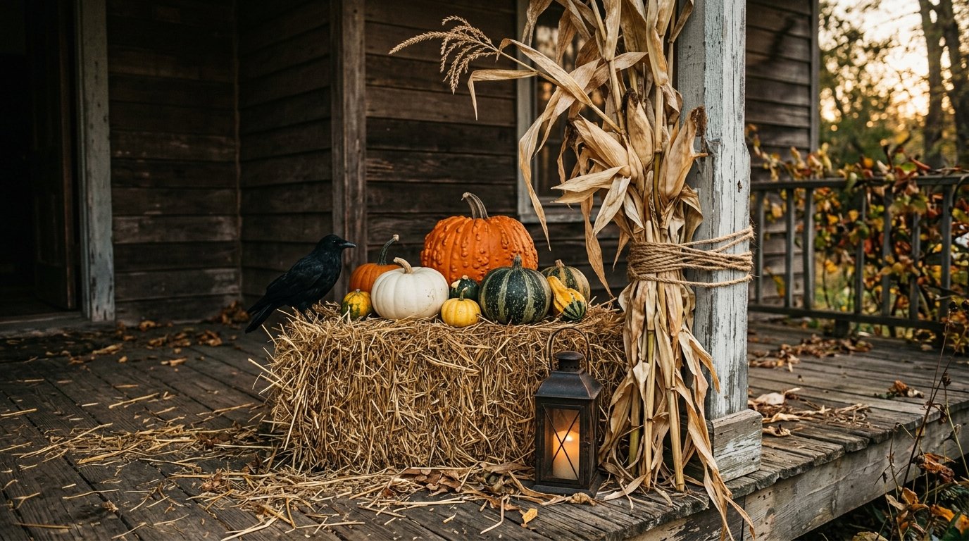 Porch corner decorated with tied cornstalks, a rectangular straw hay bale topped with colorful gourds, and a black crow