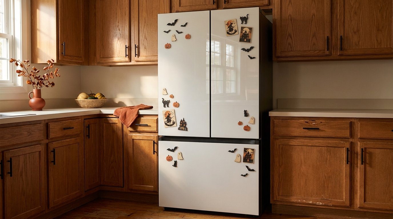 White French-door refrigerator decorated with minimalist Halloween magnets including bats, cats, ghosts, and mini pumpkins