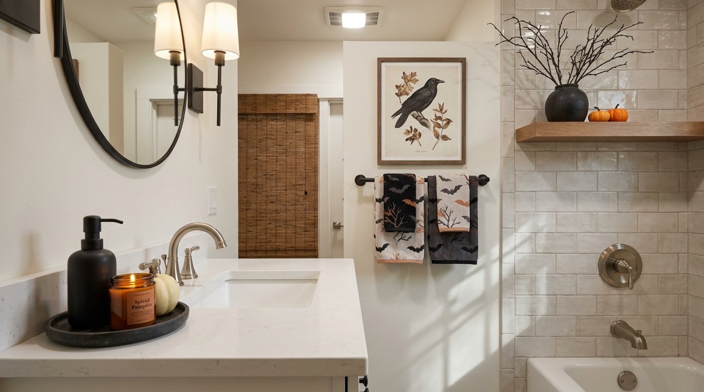 Modern bathroom vanity styled with bat-print hand towels, an amber jar candle, a small white pumpkin, and a framed botanical crow print