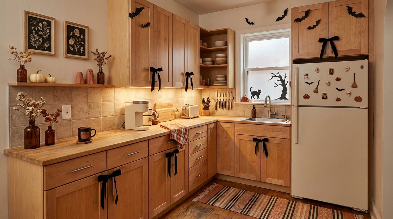 Compact L-shaped kitchen maximizing small space with cabinet door ribbons, window silhouettes, and wall art without losing prep space