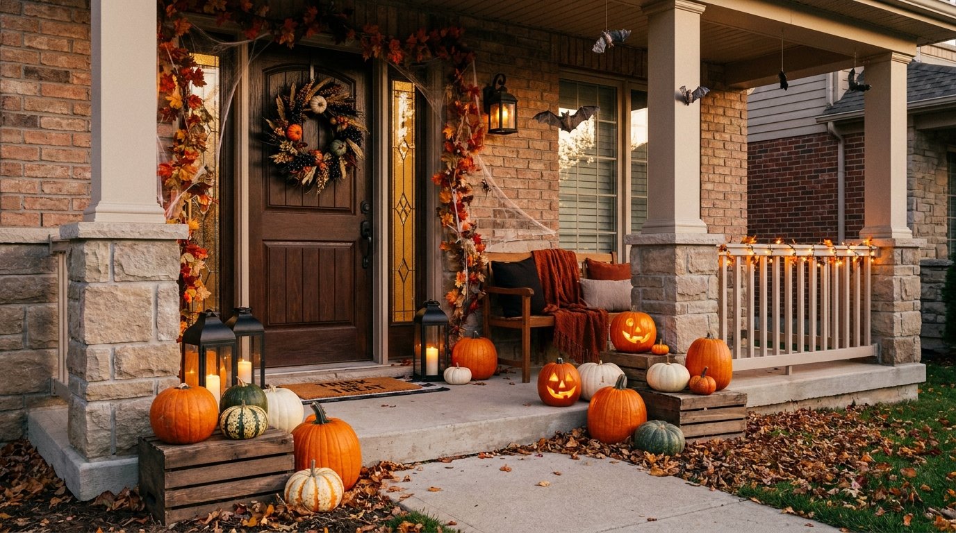 Inviting brick front porch decorated with an autumn wreath, stacked wooden crates with heirloom pumpkins, glowing lanterns, and hanging bats