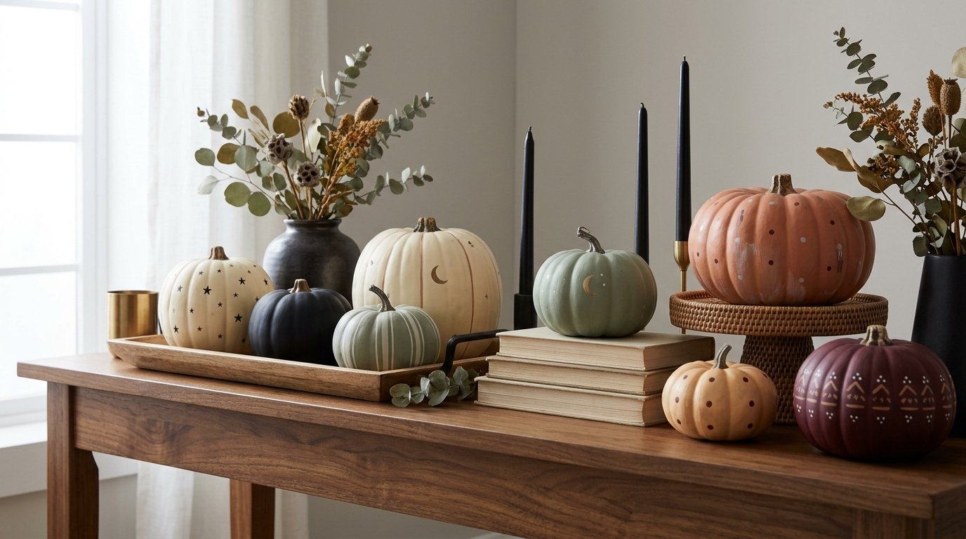 Wooden console table styled with a collection of hand-painted pumpkins featuring stars, moons, dots, and stripes