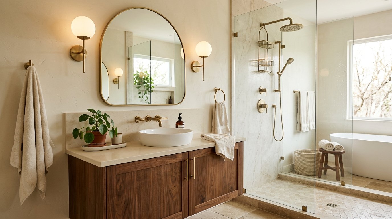 Contemporary bathroom unified with brushed brass shower fixtures, wall-mounted faucet, and brass-framed arch mirror