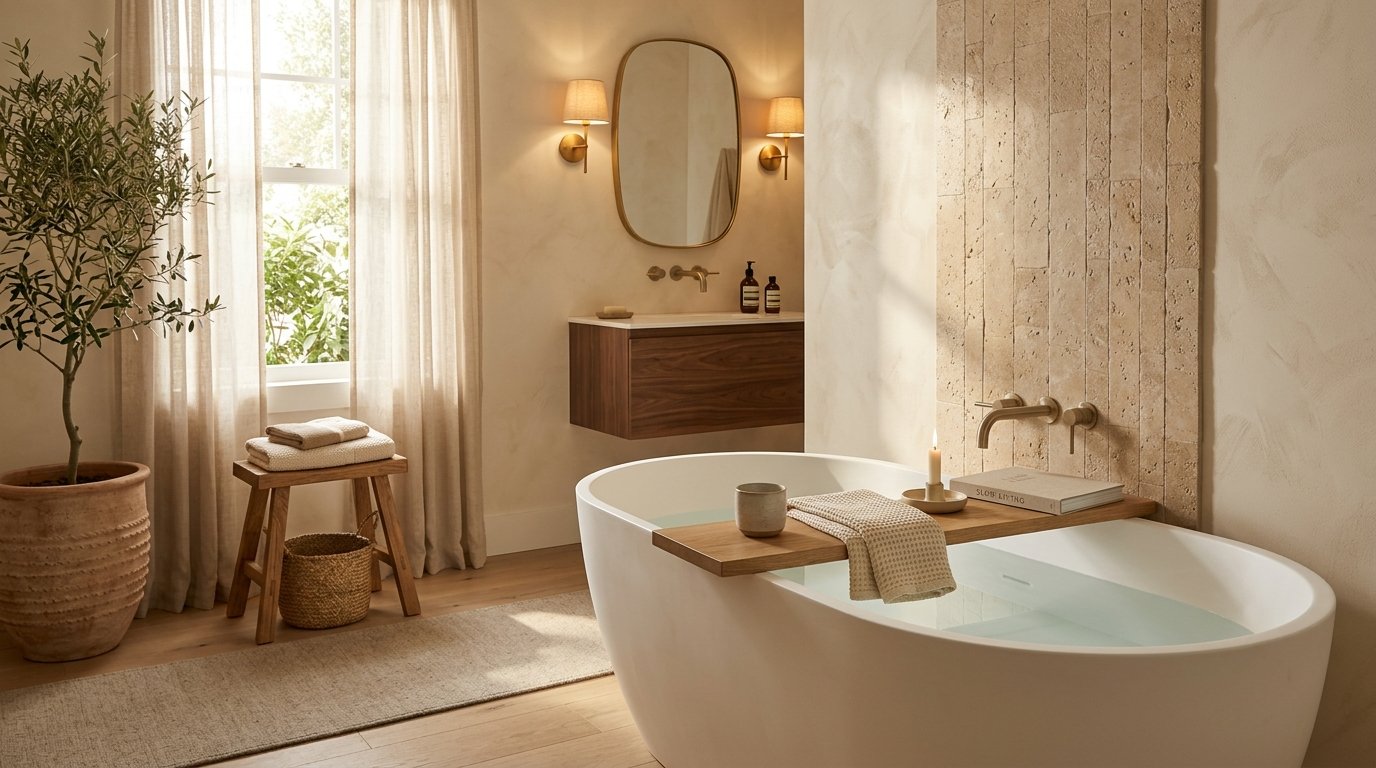 Minimalist bathroom highlighting a standalone white soaking tub positioned before a large window with sheer linen drapes