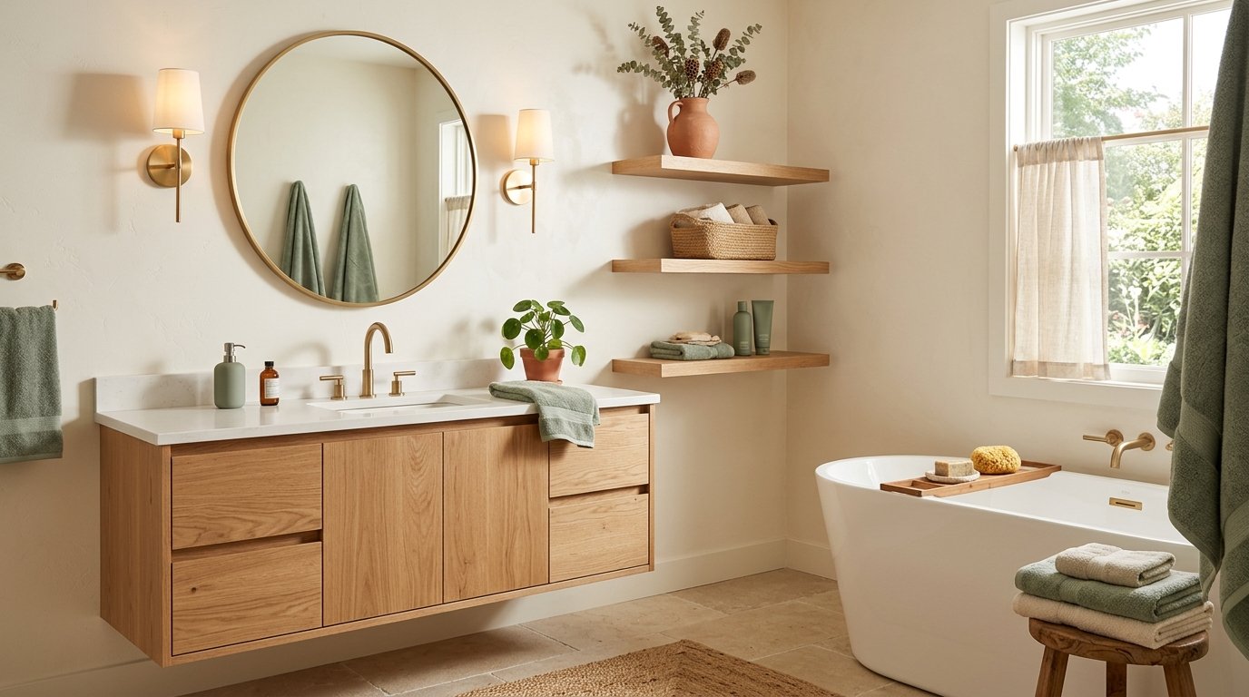 Soothing bathroom color scheme pairing light oak wood cabinetry with soft cream walls and muted sage green towels