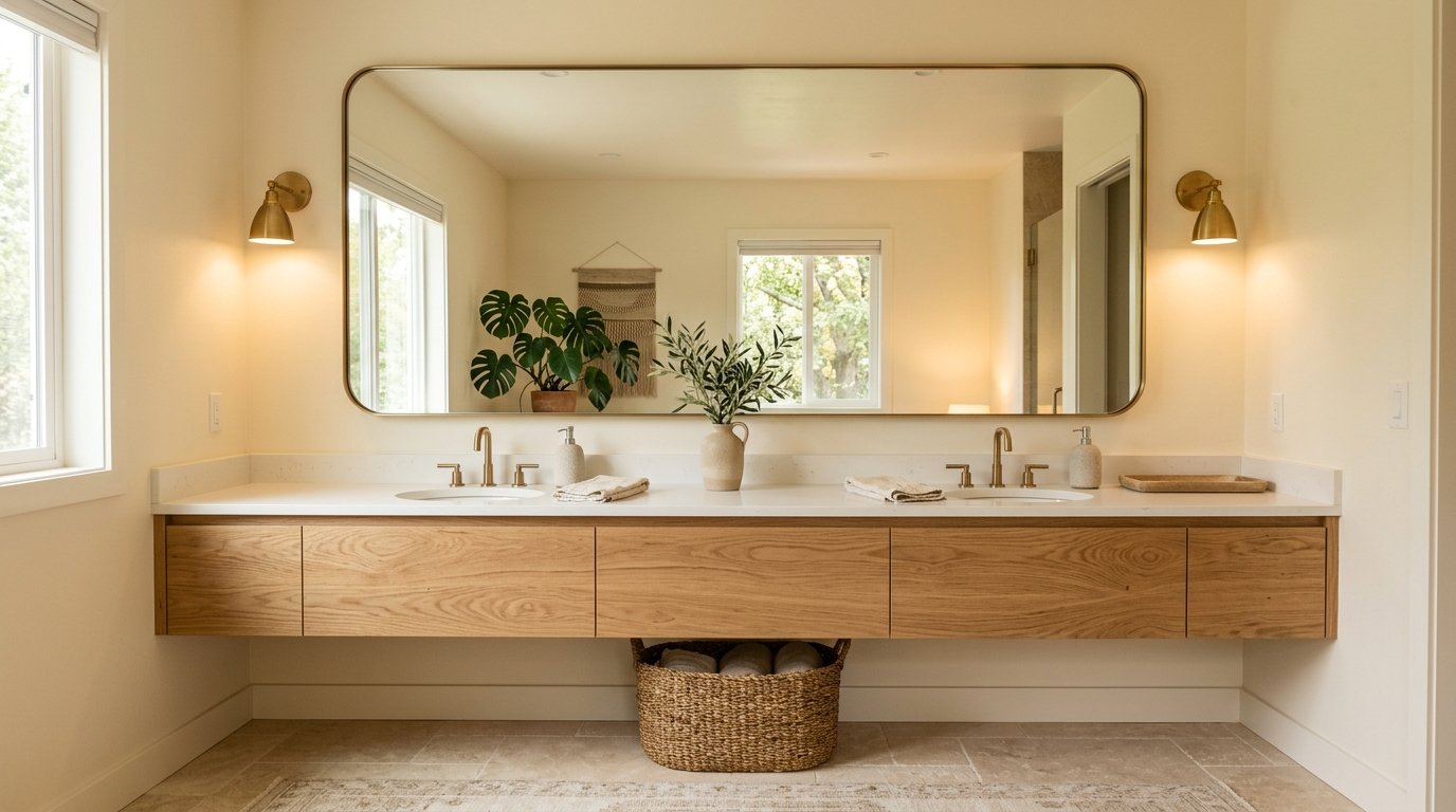 Large custom double vanity framed by an extra-wide brass pill-shaped mirror reflecting warm light across the room