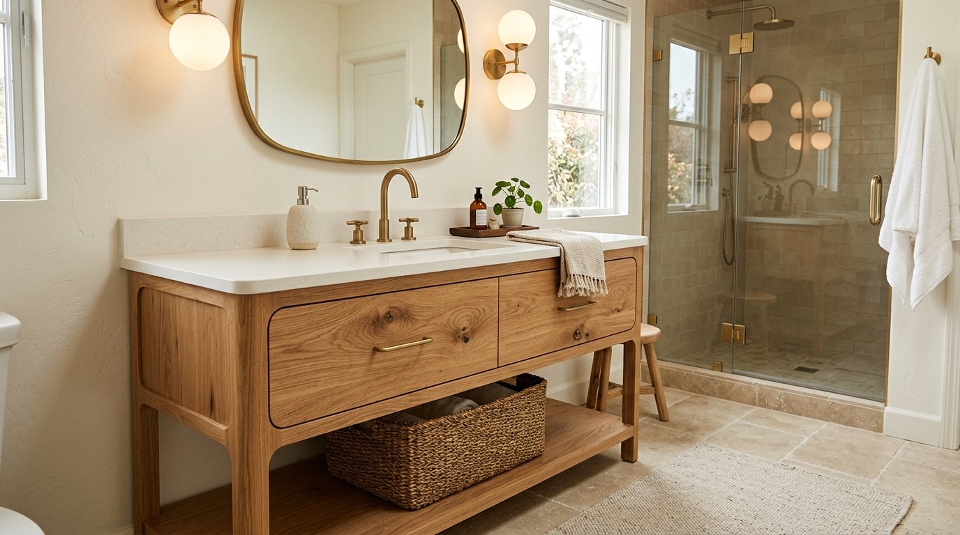 Custom natural oak freestanding bathroom vanity with lower open slatted shelf holding a woven storage basket