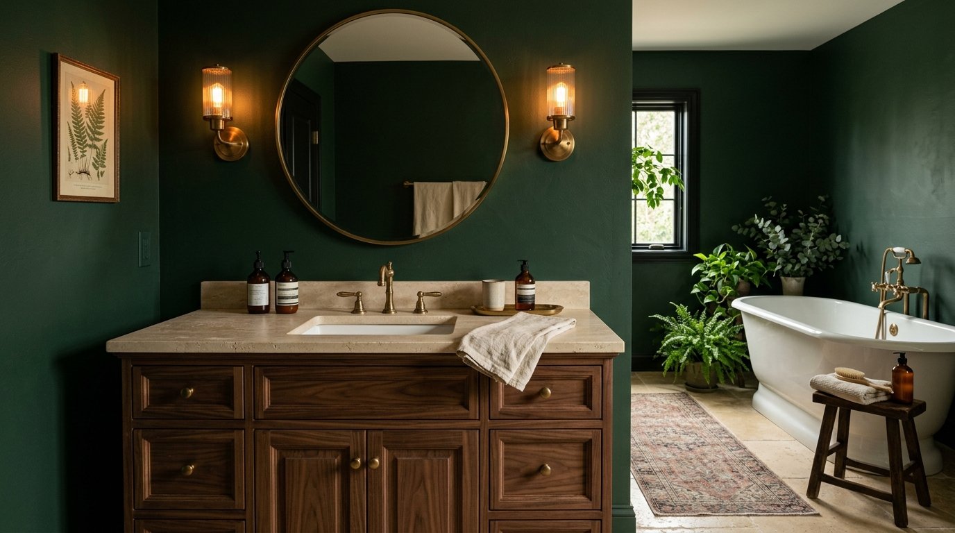 Dramatic moody bathroom with dark forest green walls, warm brass fixtures, a clawfoot tub, and a vintage runner rug