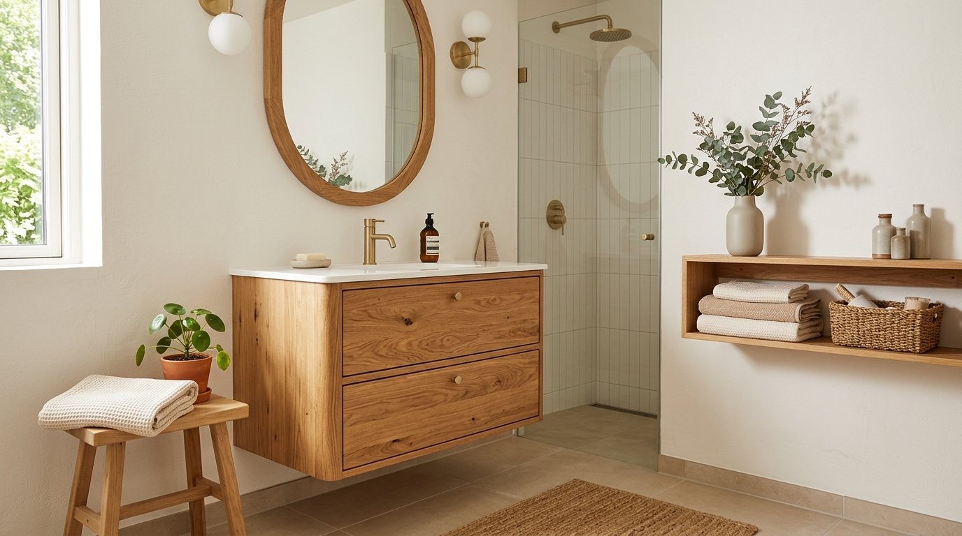 Bright bathroom featuring natural wood elements including a floating vanity, wood-framed oval mirror, and stool