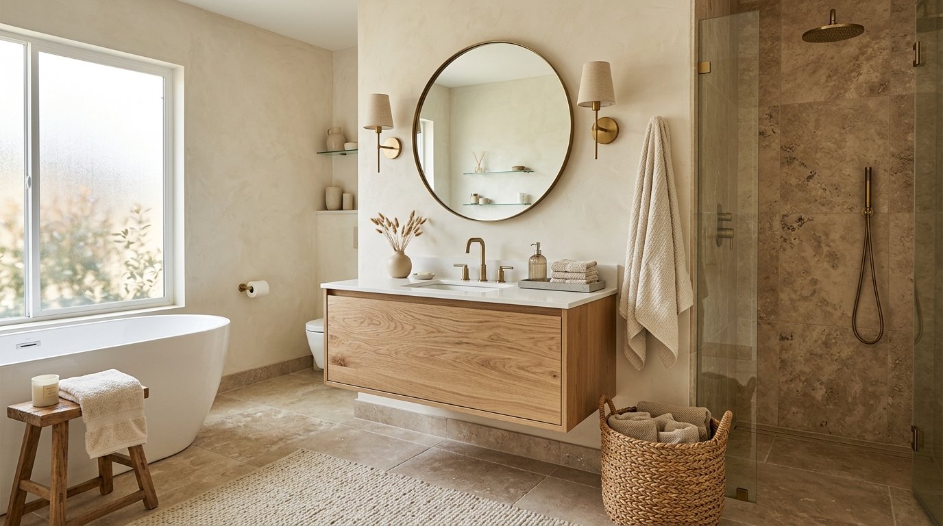 Spacious neutral bathroom with a contemporary white oval freestanding tub set beside a walk-in glass shower